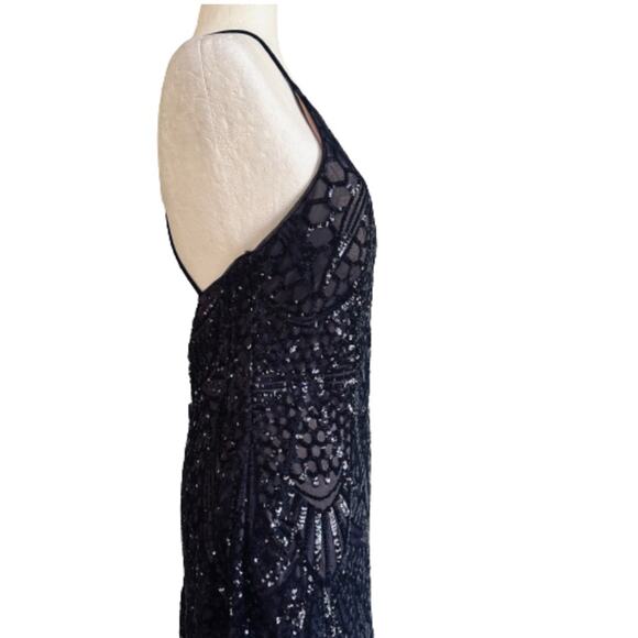 Nightway Gown Dress Navy Blue Mesh Sequins Halter Criss Criss Back Sheath Size 8 - Picture 10 of 16
